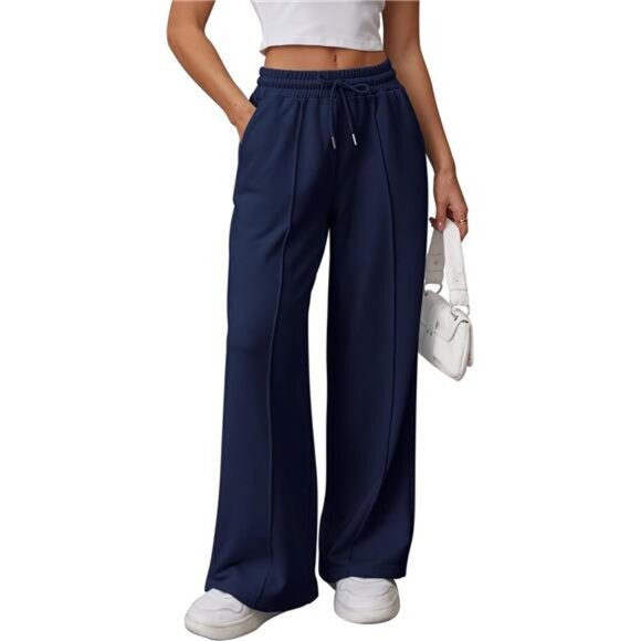 Womens Wide Leg Sweatpants High Waisted Deep Blue - Picture 1 of 6